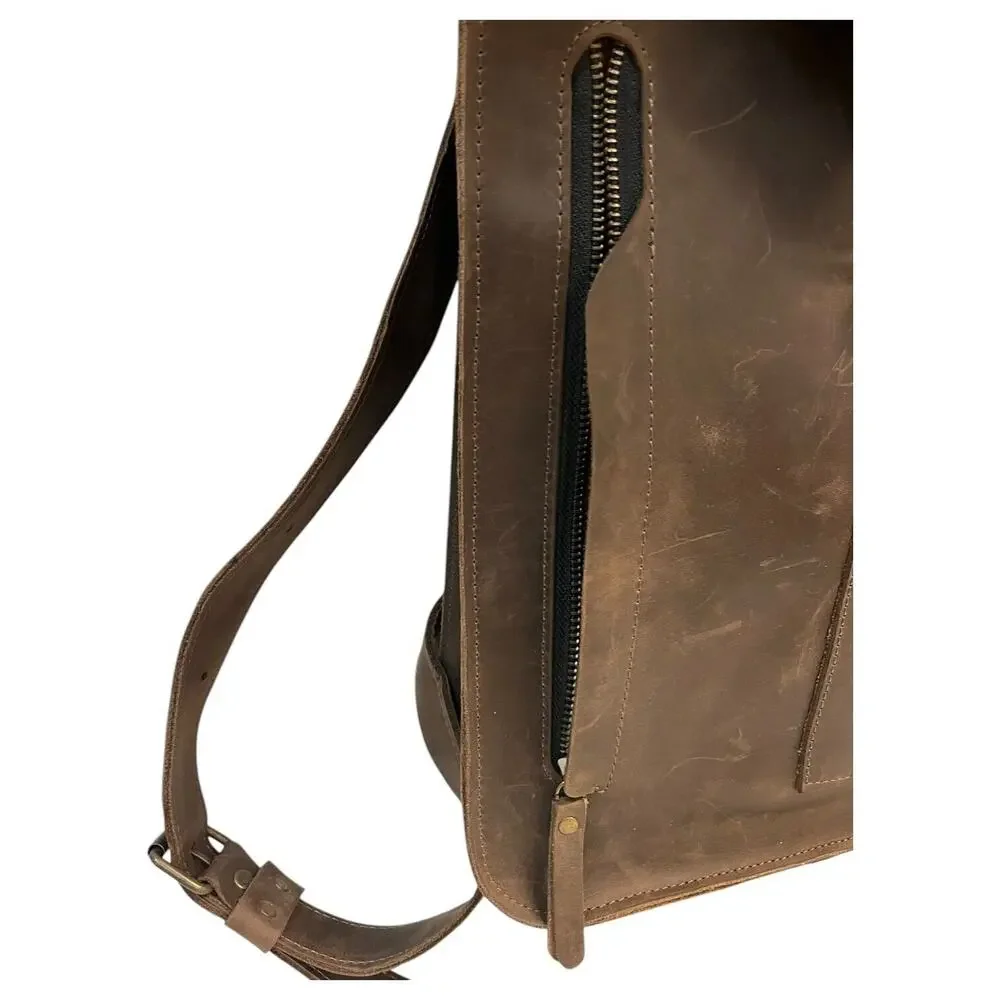 Leather Handmade Backpack Laptop Flap Closure Adjustable Clasp Unisex Brown